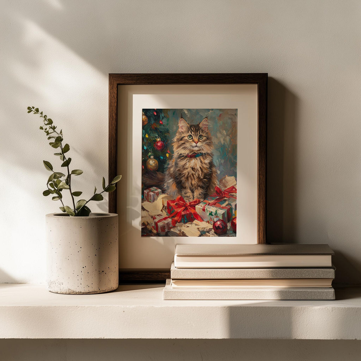 Maine Coon Christmas art print shown in a room setting