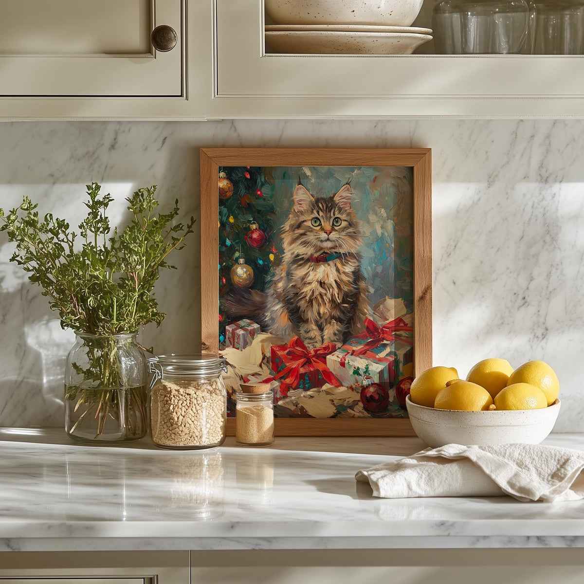 Maine Coon Christmas art print shown in a room setting