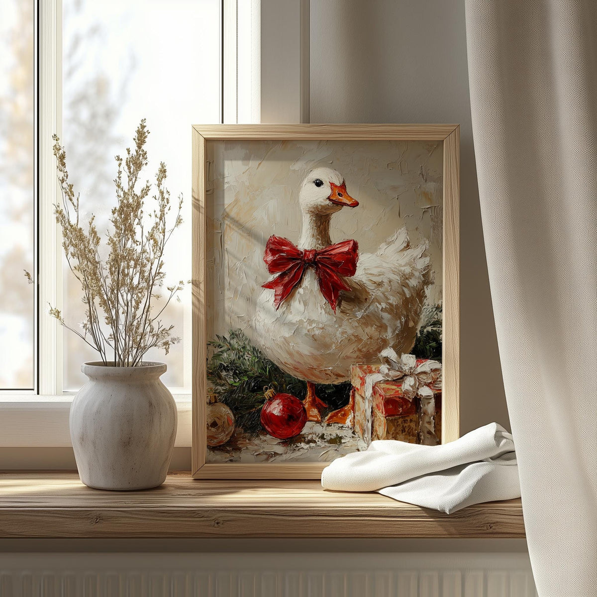 Holiday Goose Christmas art print shown in a room setting