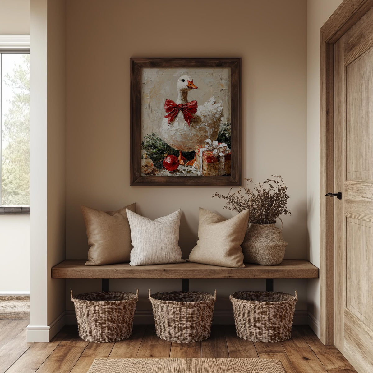 Holiday Goose Christmas art print shown in a room setting