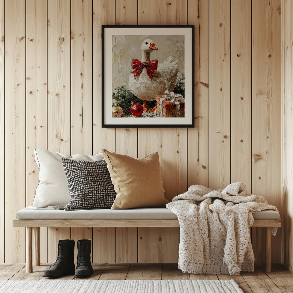 Holiday Goose Christmas art print shown in a room setting