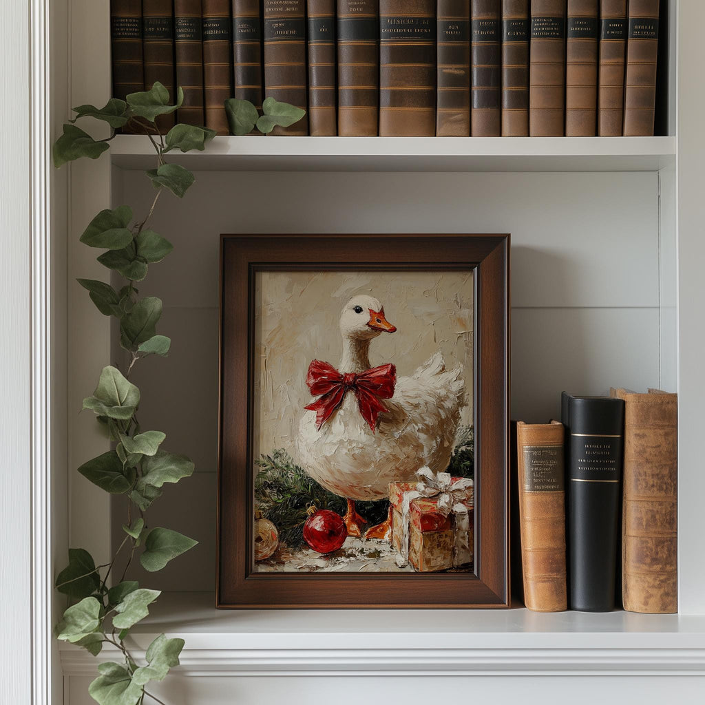 Holiday Goose Christmas art print shown in a room setting