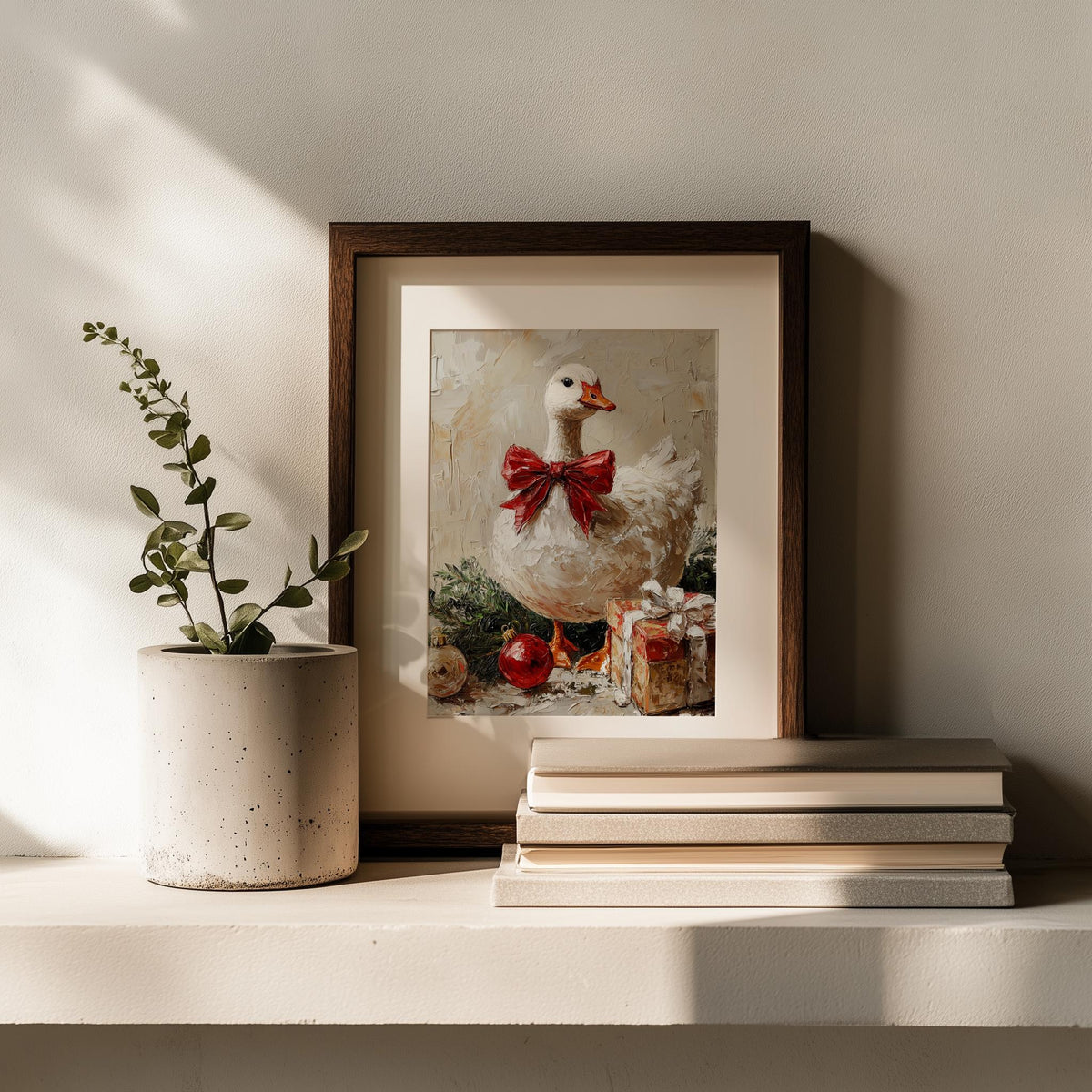 Holiday Goose Christmas art print shown in a room setting