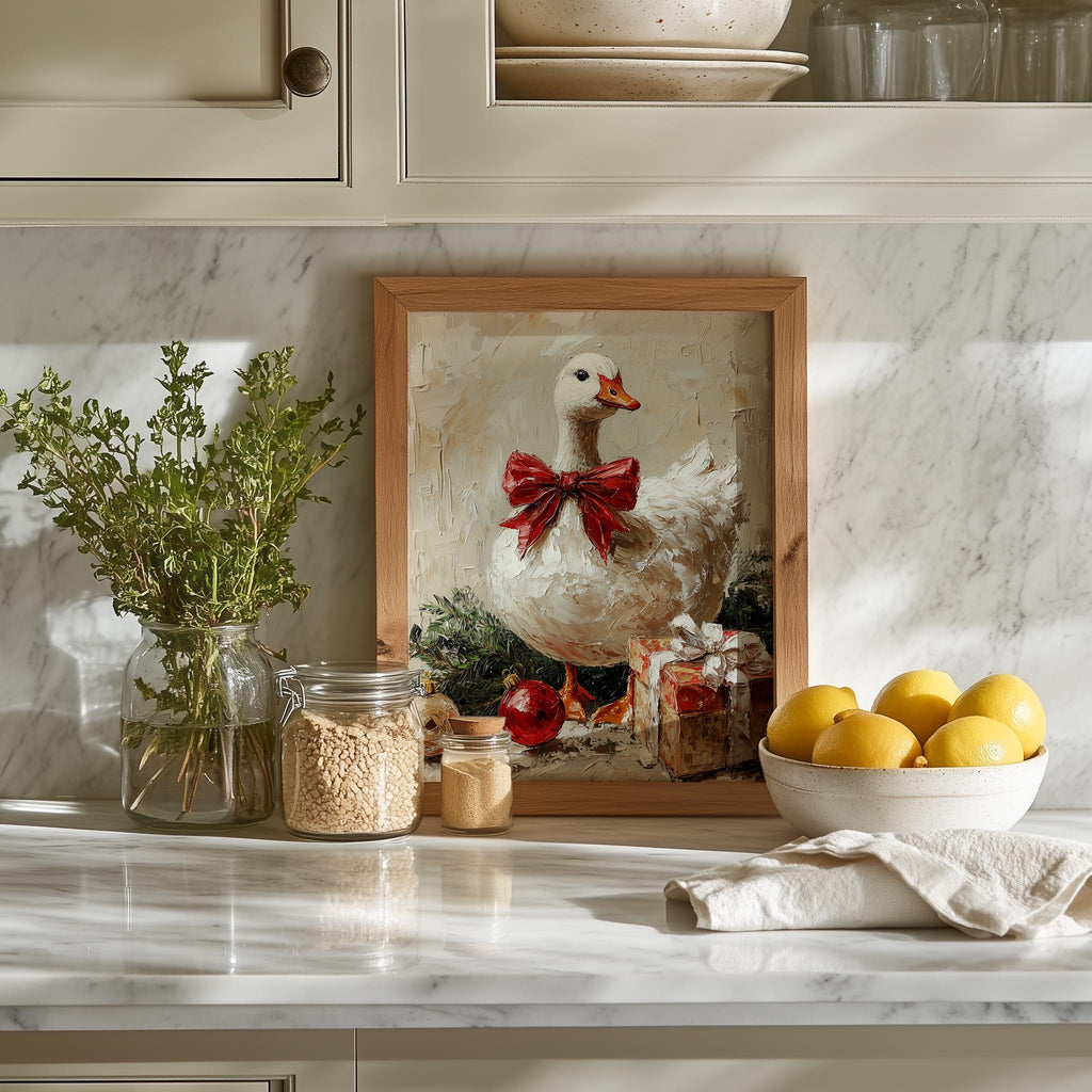 Holiday Goose Christmas art print shown in a room setting