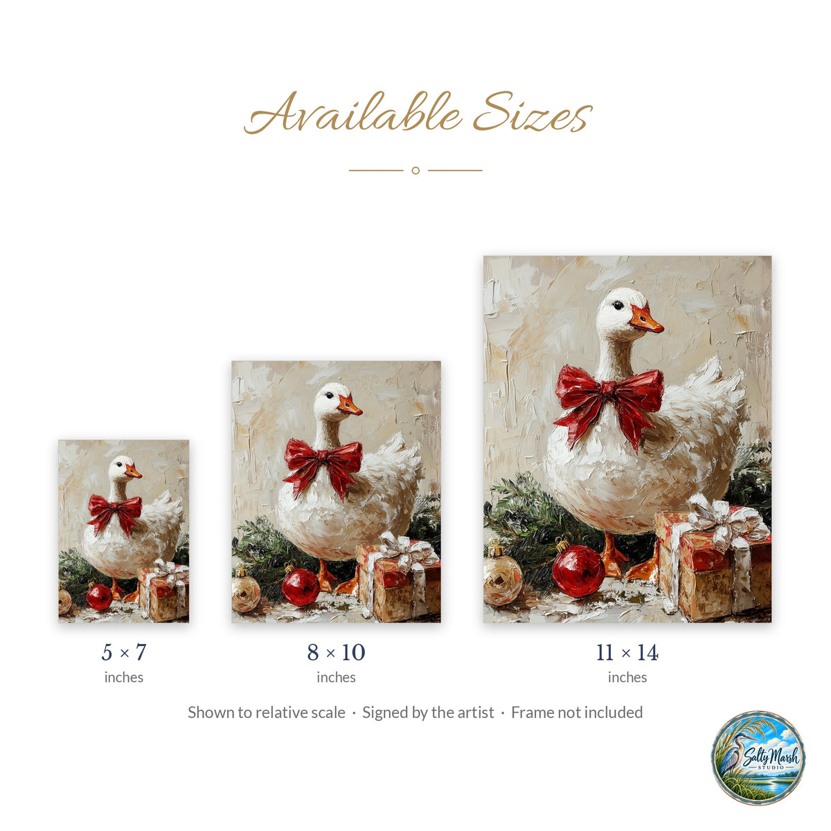 Holiday Goose art print size guide: 5x7, 8x10 and 11x14