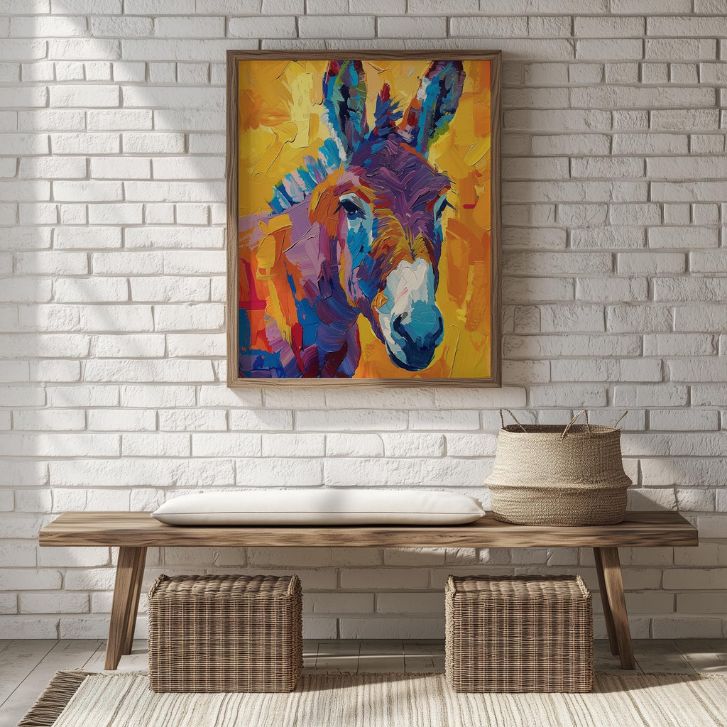 Colorful Donkey animal art print shown in a room setting