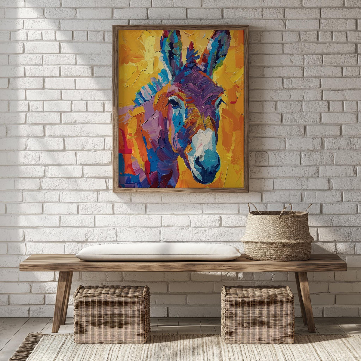 Colorful Donkey animal art print shown in a room setting