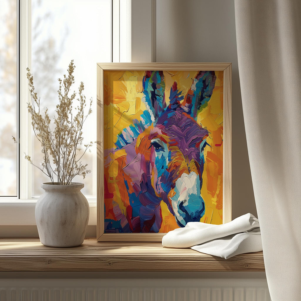 Colorful Donkey animal art print shown in a room setting