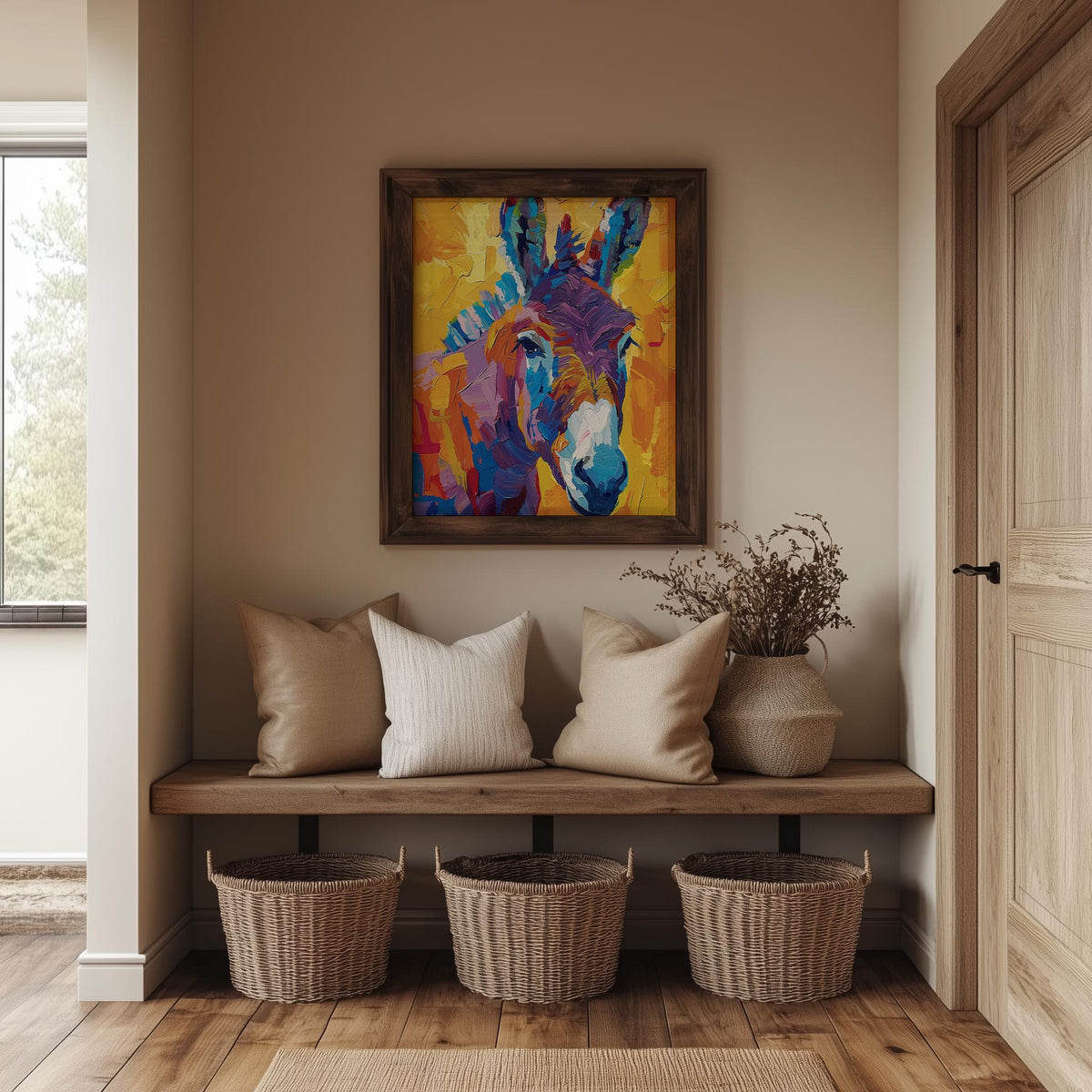 Colorful Donkey animal art print shown in a room setting