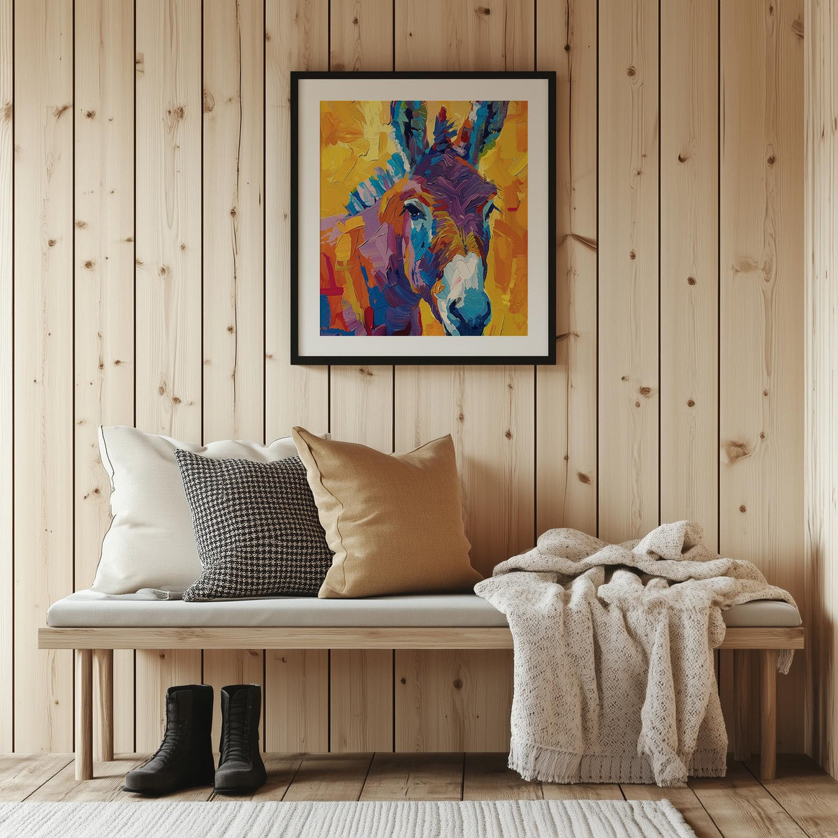 Colorful Donkey animal art print shown in a room setting