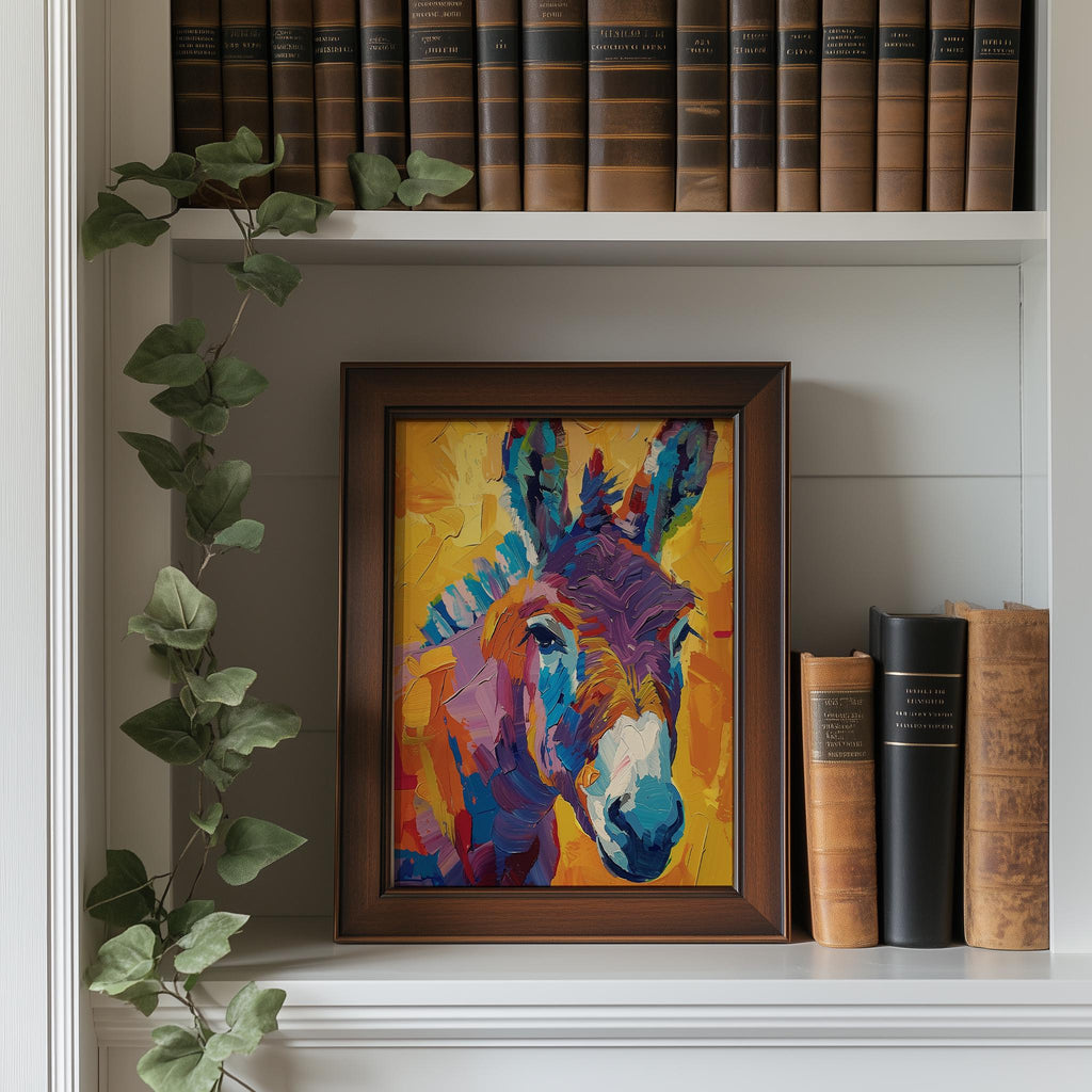 Colorful Donkey animal art print shown in a room setting