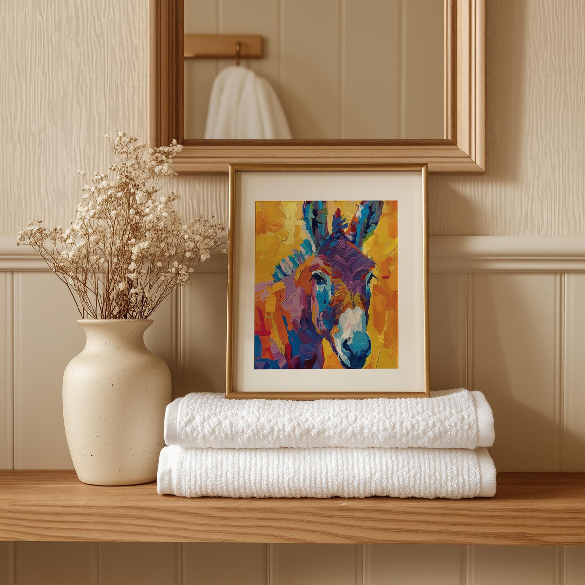 Colorful Donkey animal art print shown in a room setting