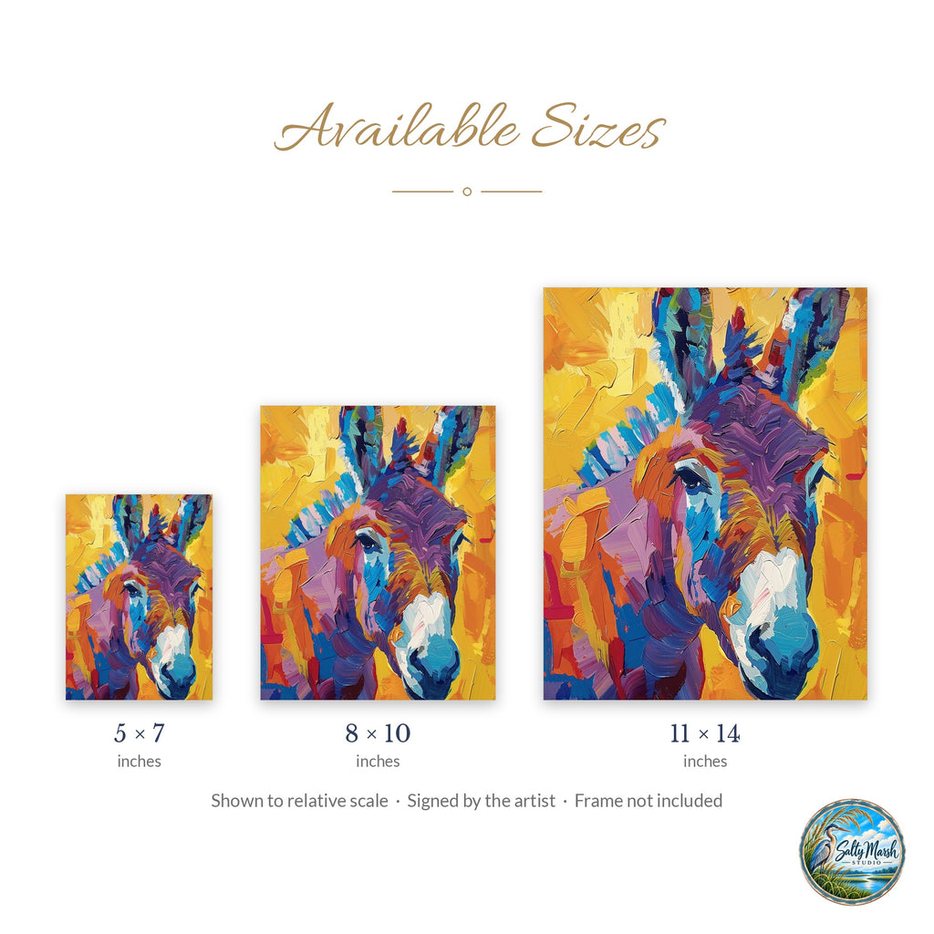 Colorful Donkey art print size guide: 5x7, 8x10 and 11x14