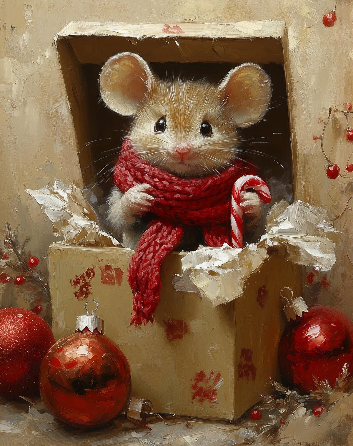 Gift Box Mouse Christmas art print unframed, signed by Pattie Overcash