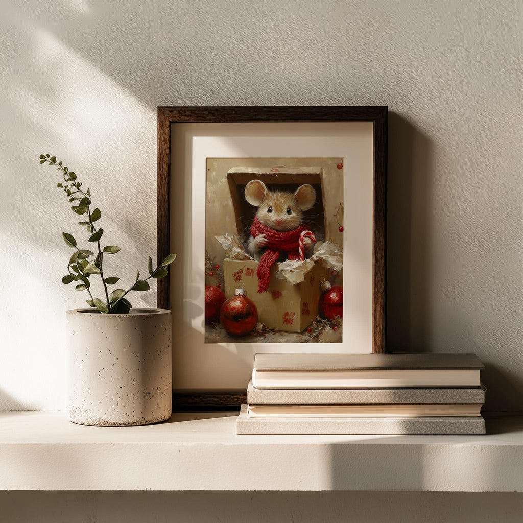 Gift Box Mouse Christmas art print shown in a room setting