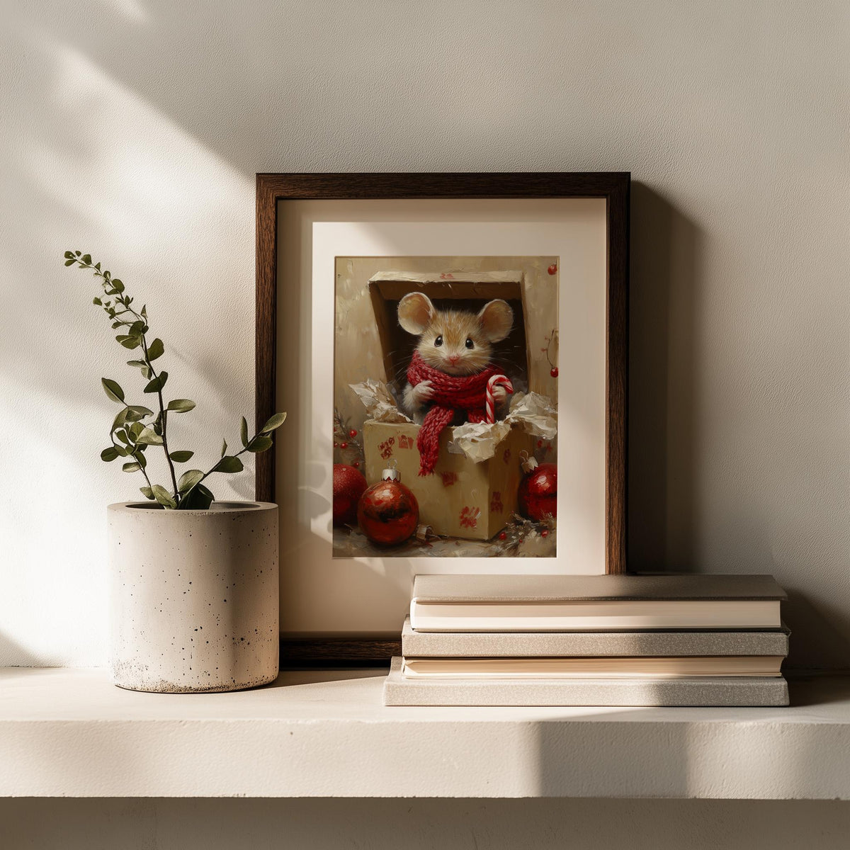 Gift Box Mouse Christmas art print shown in a room setting
