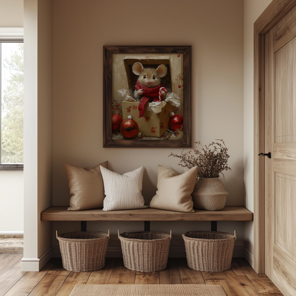 Gift Box Mouse Christmas art print shown in a room setting