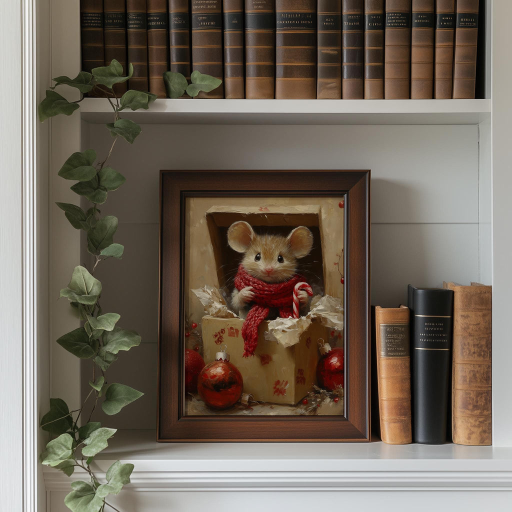 Gift Box Mouse Christmas art print shown in a room setting
