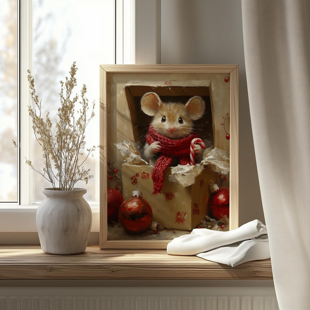 Gift Box Mouse Christmas art print shown in a room setting