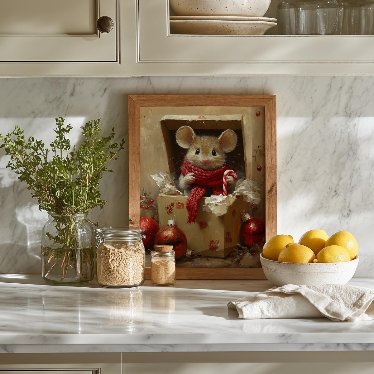 Gift Box Mouse Christmas art print shown in a room setting