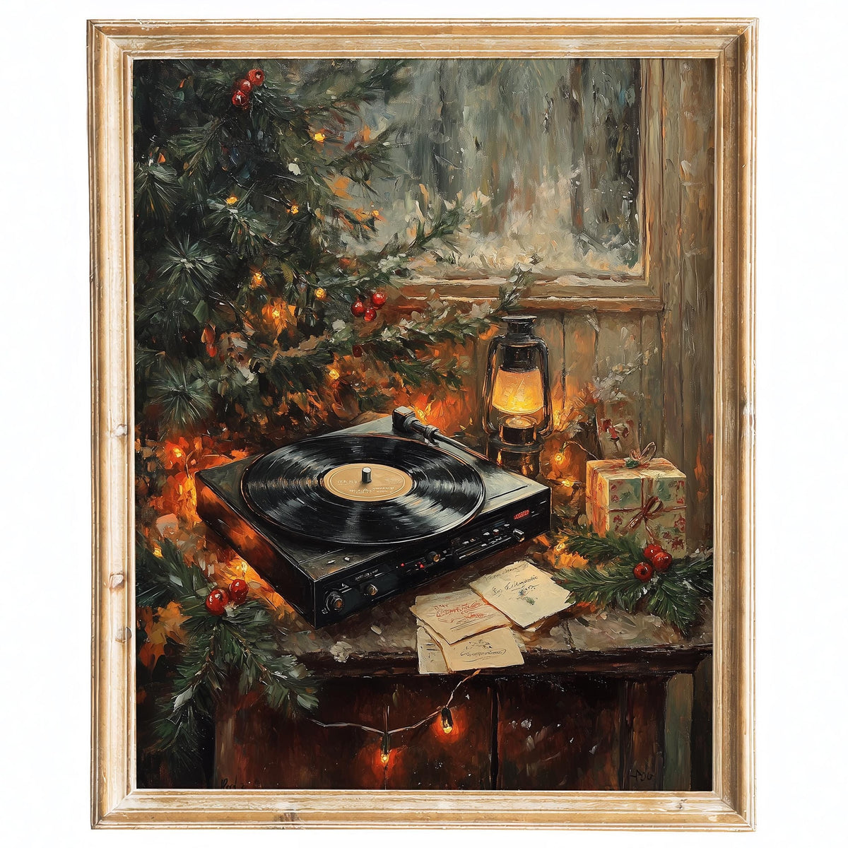 Record Player Christmas art print framed
