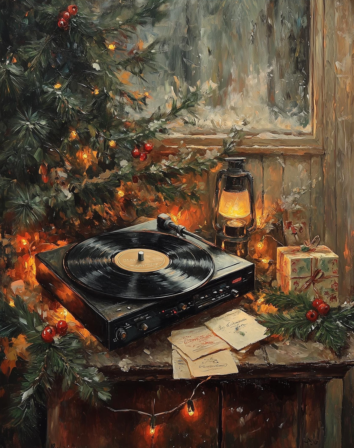 Record Player Christmas art print unframed, signed by Pattie Overcash
