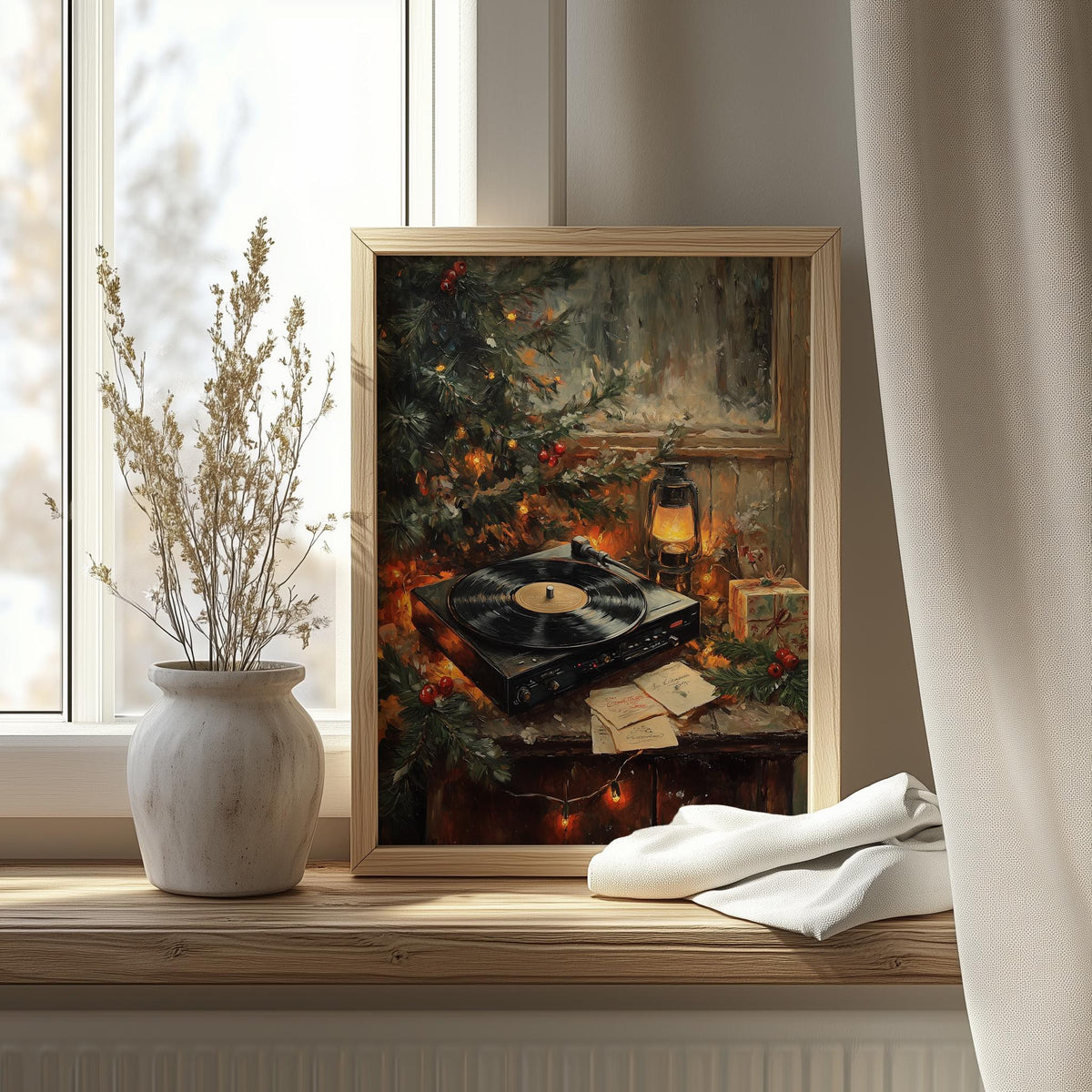 Record Player Christmas art print shown in a room setting