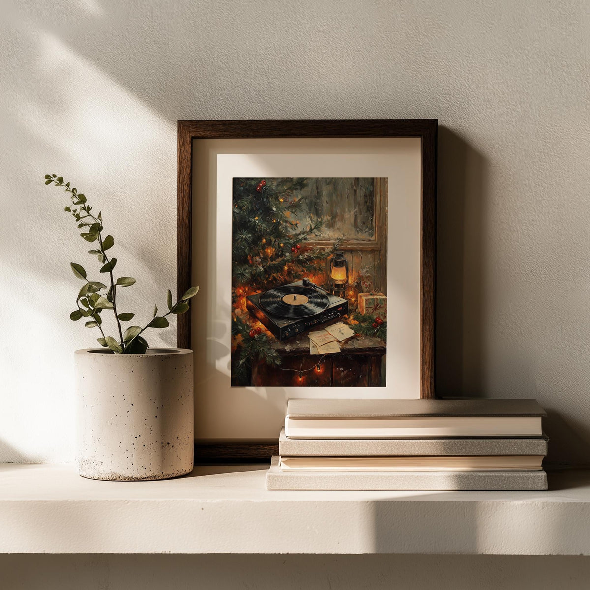 Record Player Christmas art print shown in a room setting