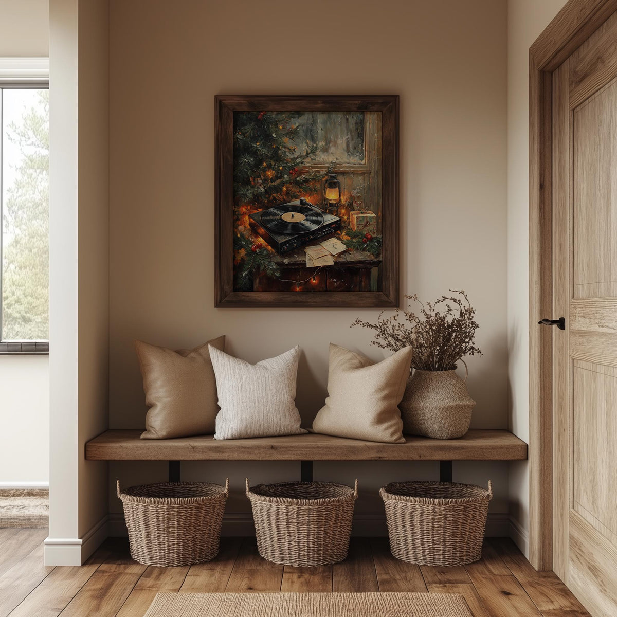 Record Player Christmas art print shown in a room setting