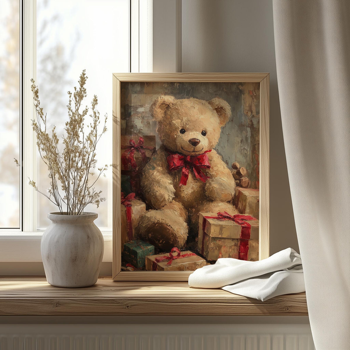 Teddy Bear Christmas art print shown in a room setting