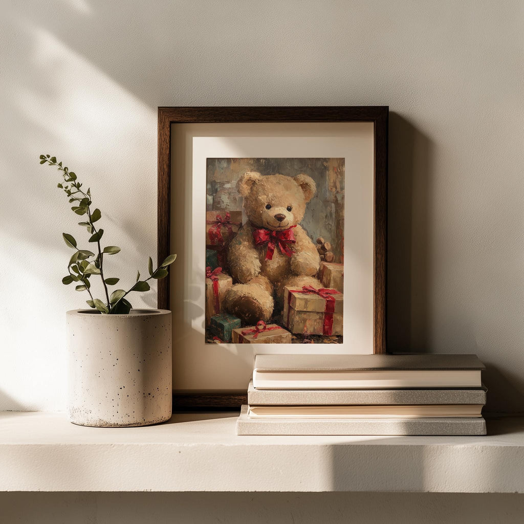 Teddy Bear Christmas art print shown in a room setting