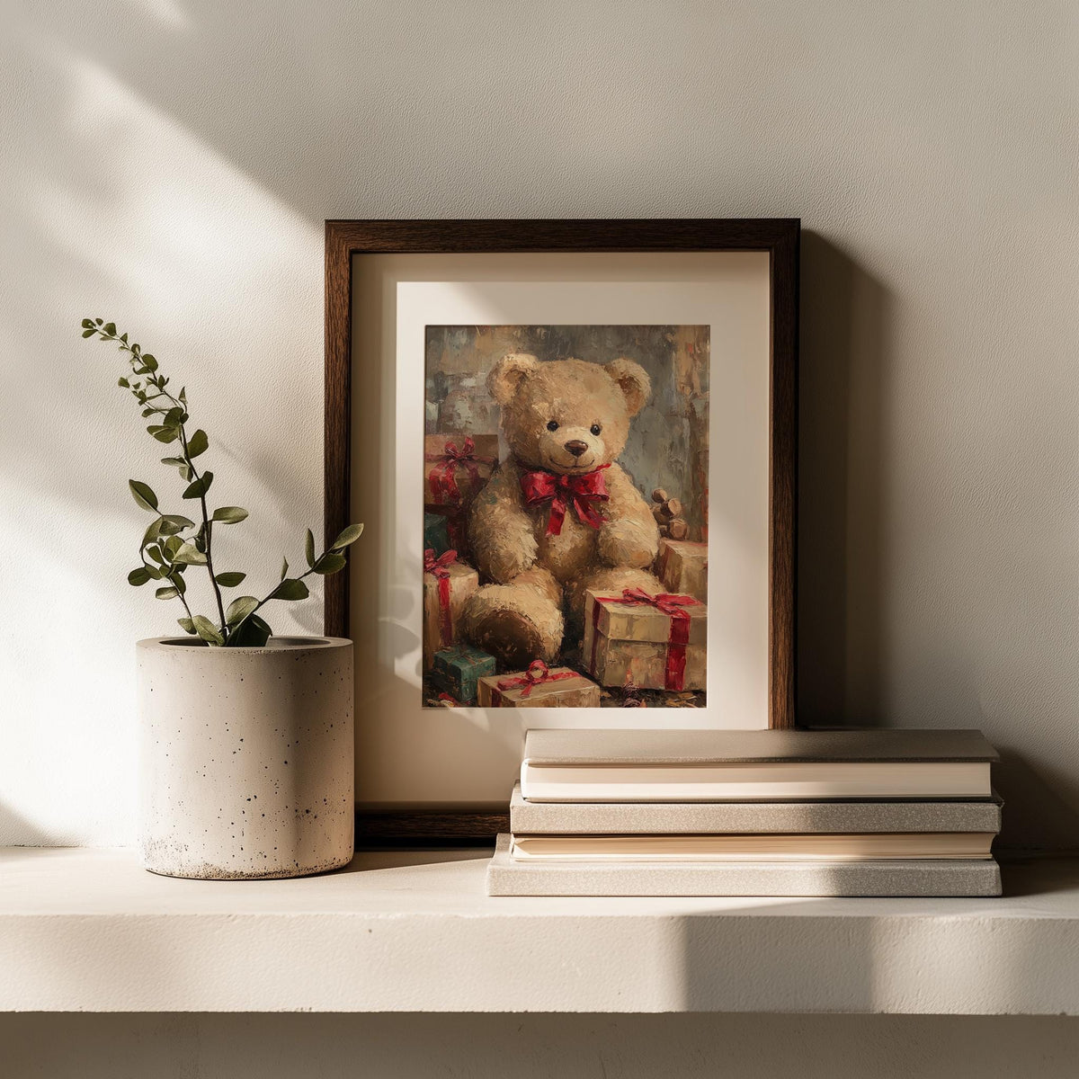Teddy Bear Christmas art print shown in a room setting