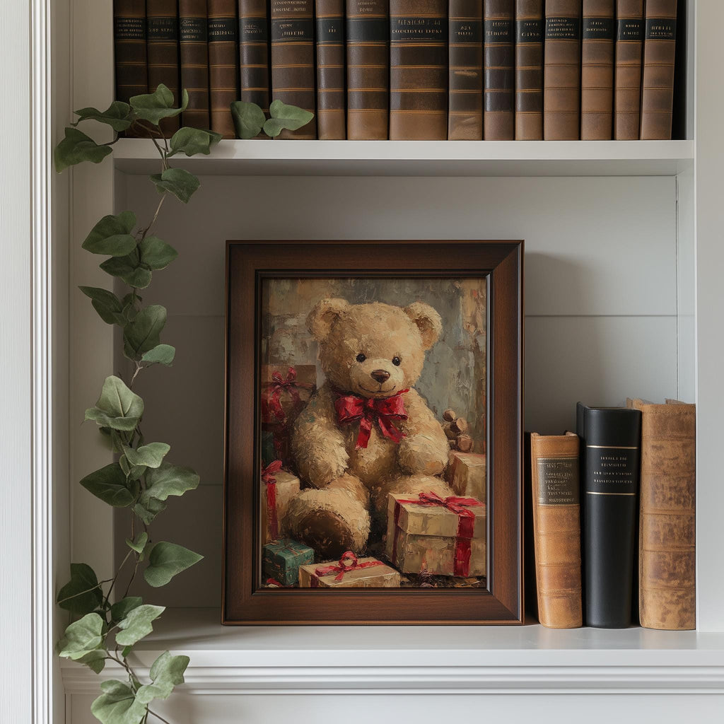 Teddy Bear Christmas art print shown in a room setting