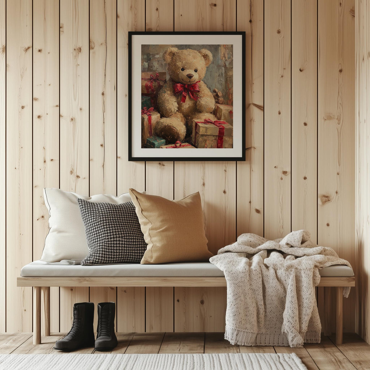 Teddy Bear Christmas art print shown in a room setting