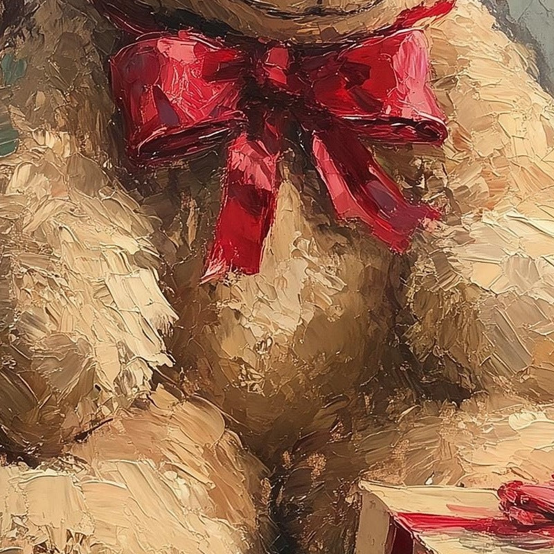 Teddy Bear Christmas art print close-up detail