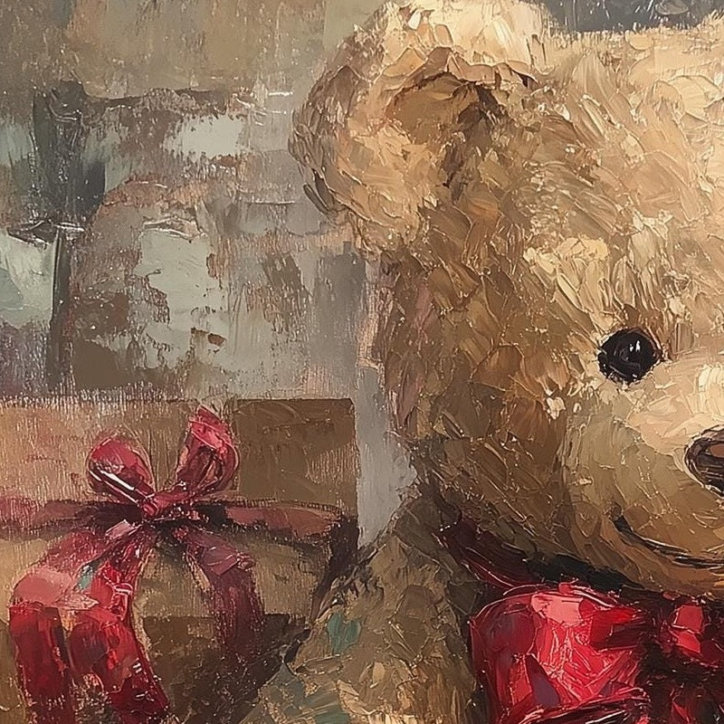 Teddy Bear Christmas art print close-up detail