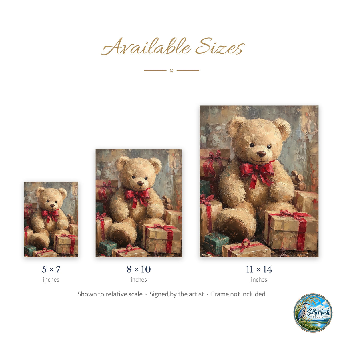 Teddy Bear art print size guide: 5x7, 8x10 and 11x14