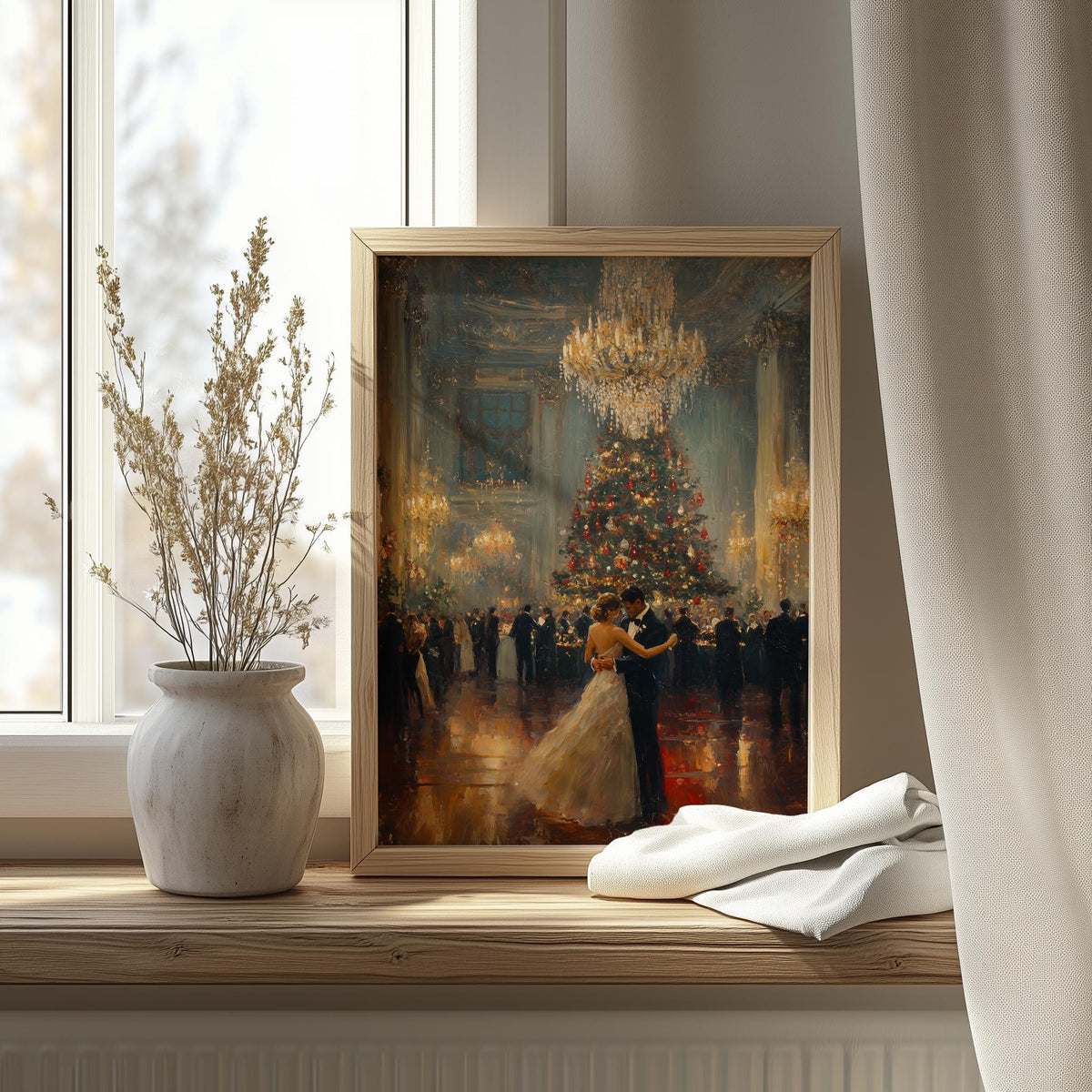 Holiday Ballroom Christmas art print shown in a room setting