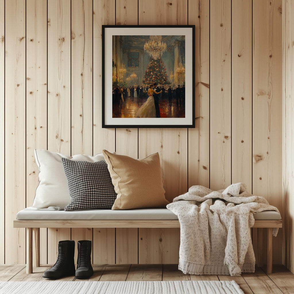 Holiday Ballroom Christmas art print shown in a room setting
