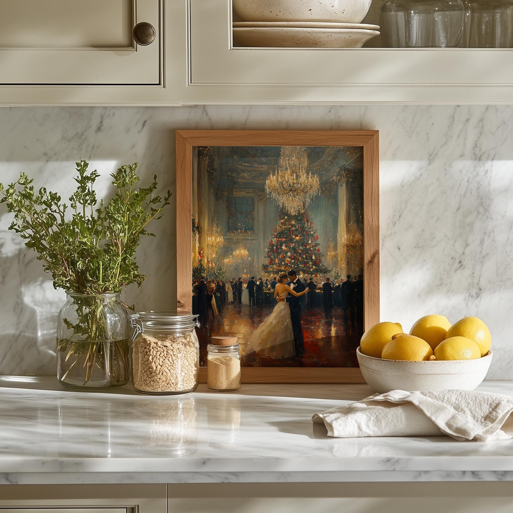 Holiday Ballroom Christmas art print shown in a room setting