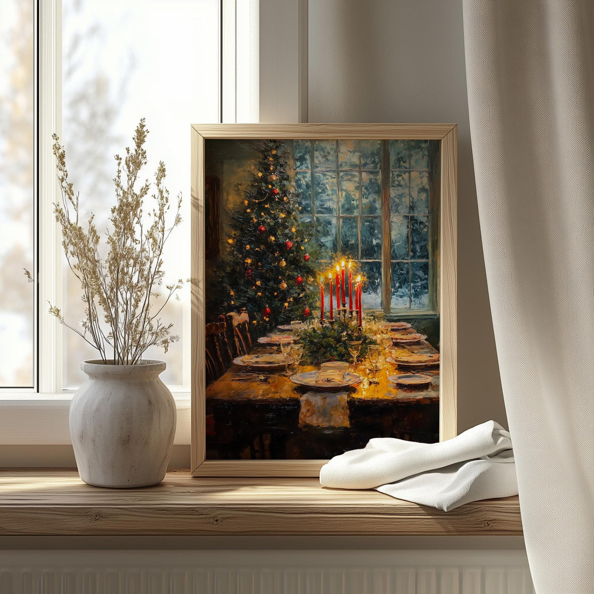 Candlelit Dinner Christmas art print shown in a room setting