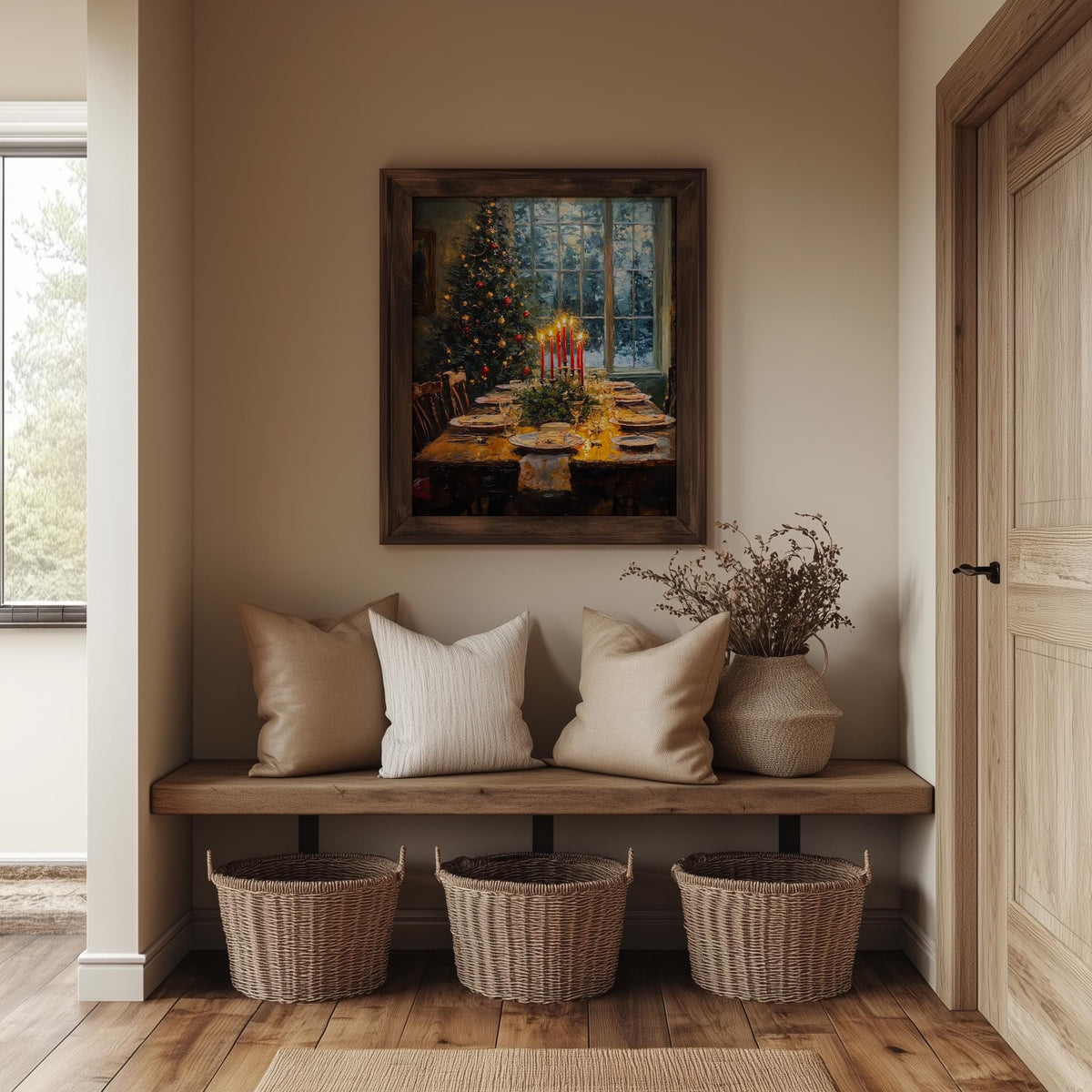 Candlelit Dinner Christmas art print shown in a room setting