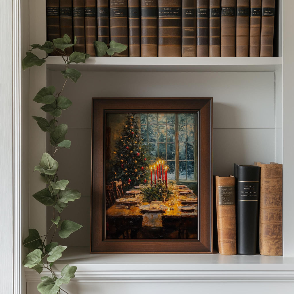 Candlelit Dinner Christmas art print shown in a room setting