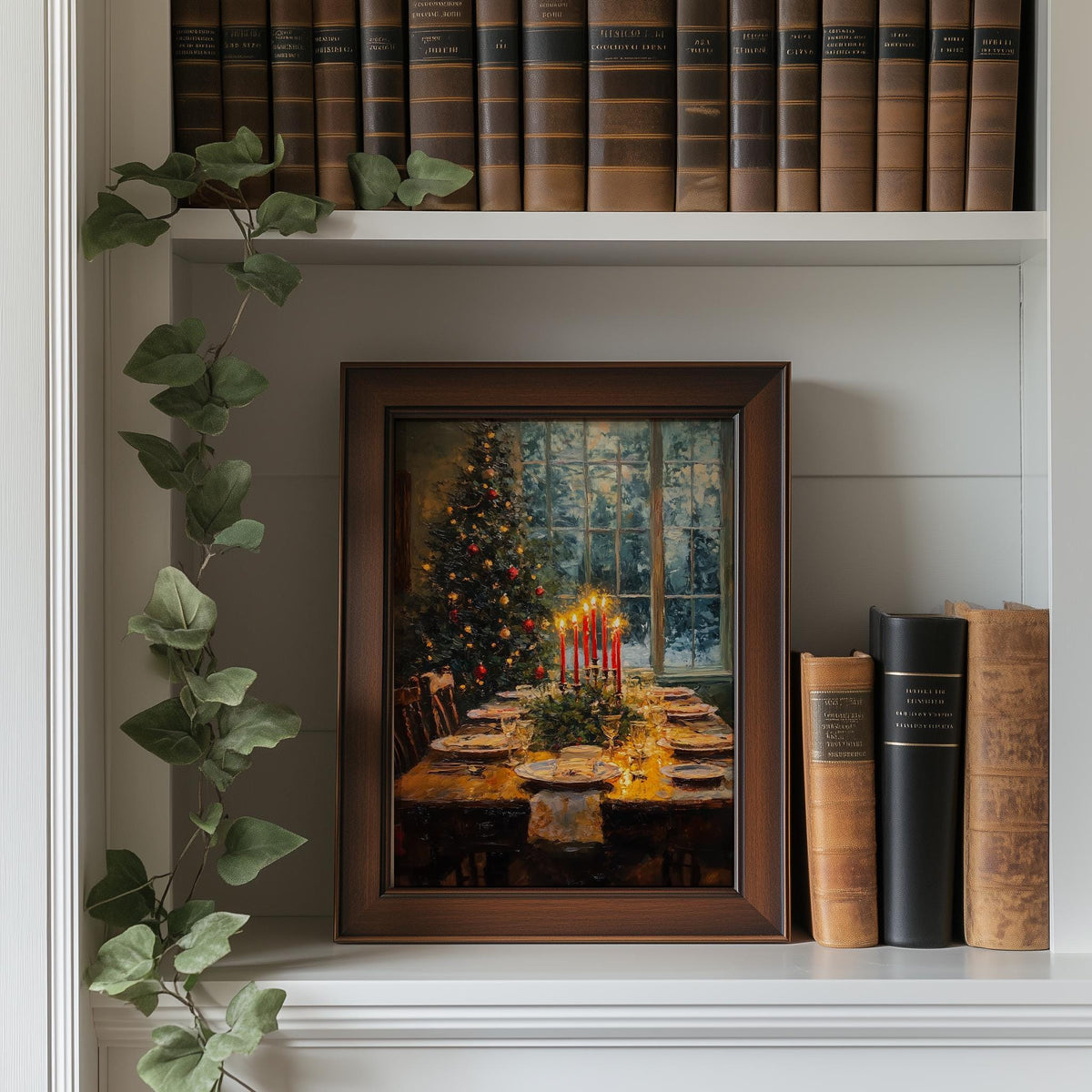 Candlelit Dinner Christmas art print shown in a room setting