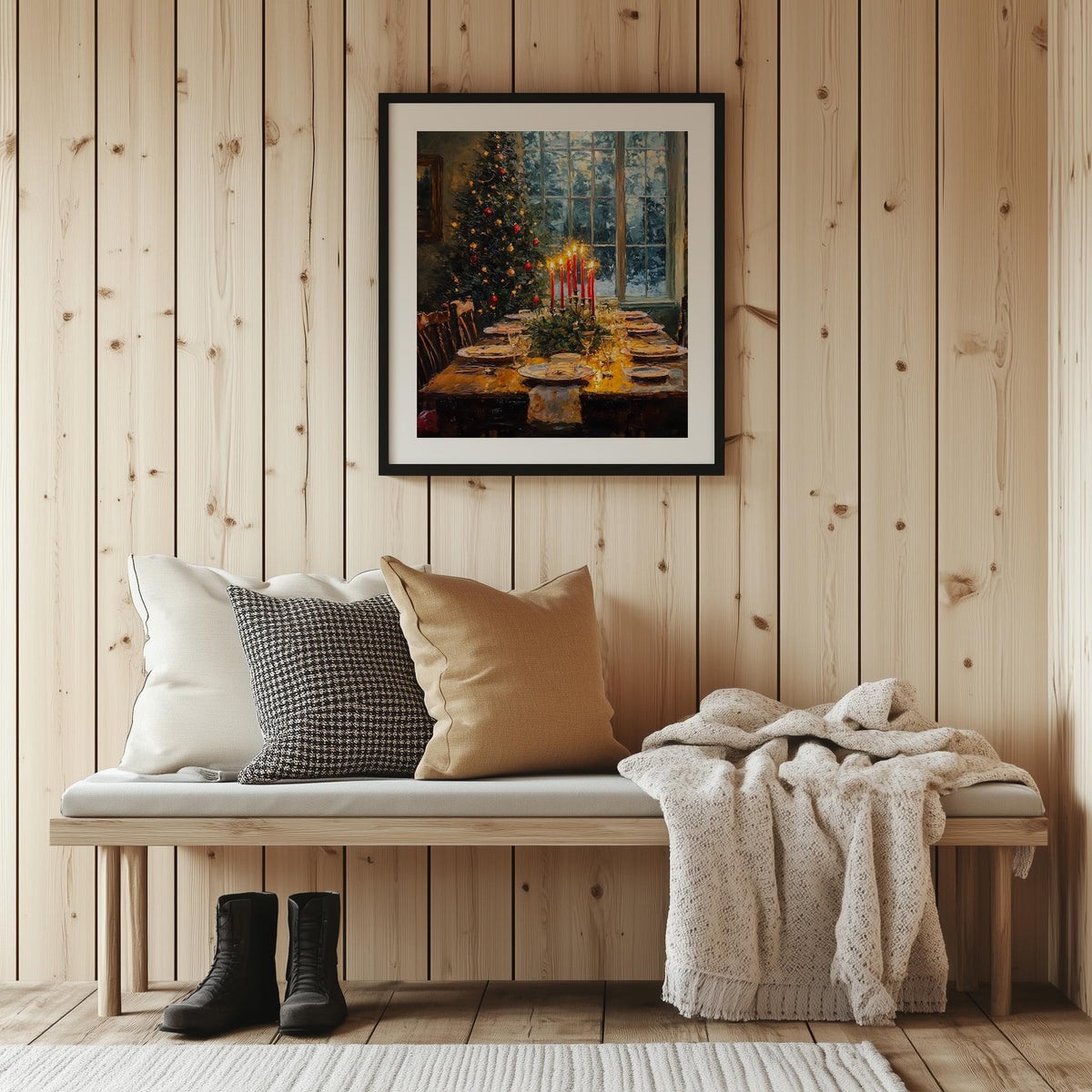Candlelit Dinner Christmas art print shown in a room setting