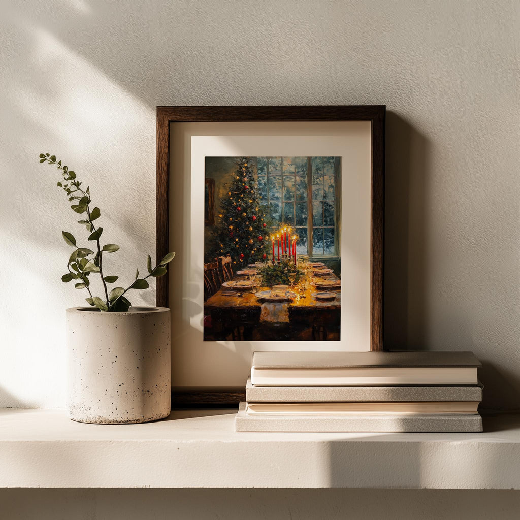 Candlelit Dinner Christmas art print shown in a room setting