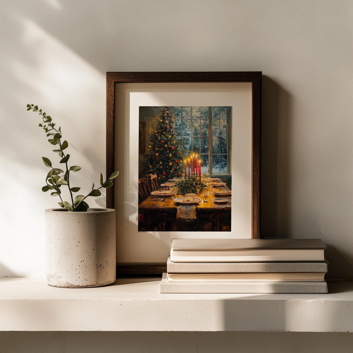 Candlelit Dinner Christmas art print shown in a room setting