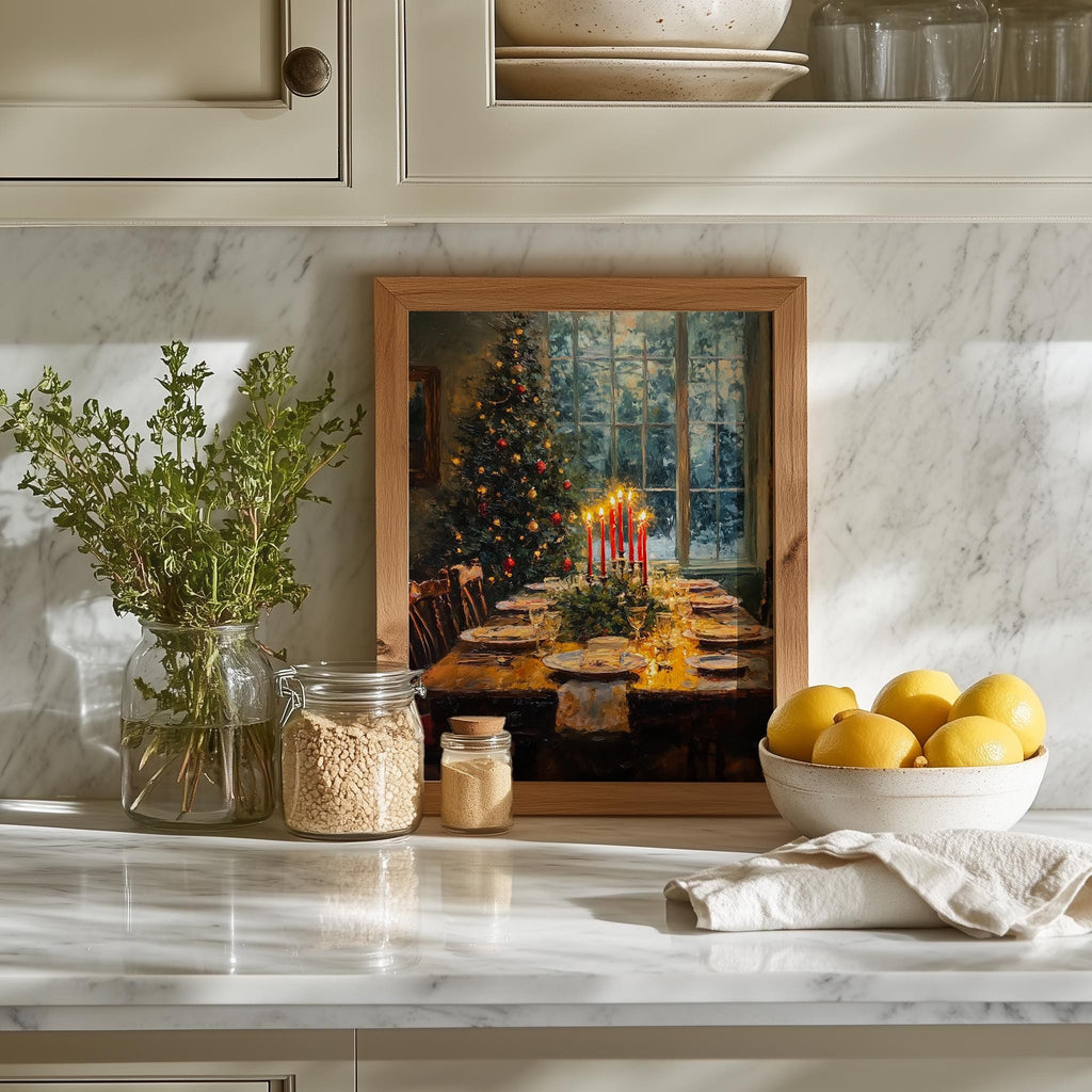 Candlelit Dinner Christmas art print shown in a room setting