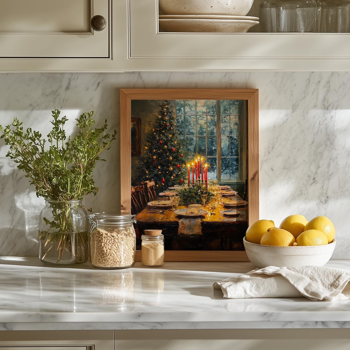 Candlelit Dinner Christmas art print shown in a room setting
