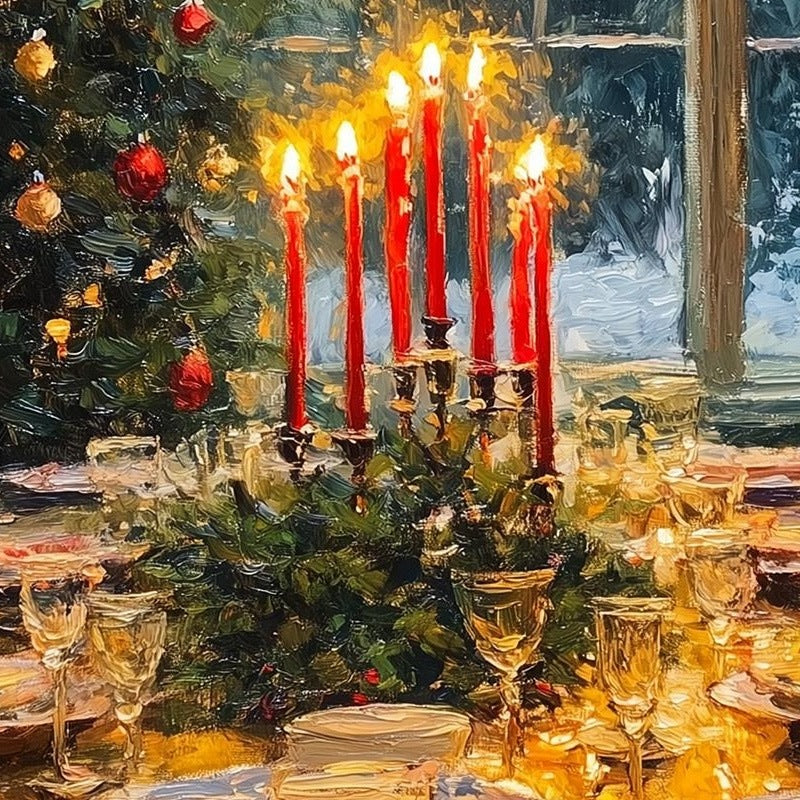 Candlelit Dinner Christmas art print close-up detail